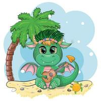 Cute cartoon green baby dragon with ukulele on the beach. Symbol of 2024 according to the Chinese calendar vector