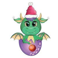 Cute cartoon green dragon in santa hat. 2024 new year, chinese calendar vector