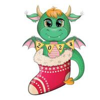 Cute cartoon green dragon in santa hat. 2024 new year, chinese calendar vector