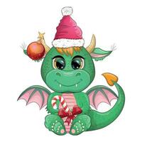 Cute cartoon green dragon in santa hat. 2024 new year, chinese calendar vector