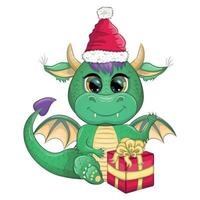 Cute cartoon green dragon in santa hat. 2024 new year, chinese calendar vector