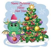 A cute cartoon green dragon in a Santa hat holds a red gift and sits next to the Christmas tree. 2024 new year vector