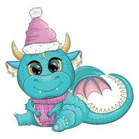 Cute cartoon green dragon in santa hat. 2024 new year, chinese calendar vector