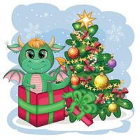 A cute cartoon green dragon in a Santa hat holds a red gift and sits next to the Christmas tree. 2024 new year vector