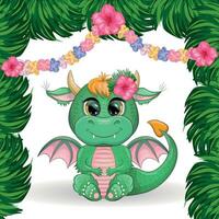 Cute cartoon green baby dragon with ukulele on the beach. Symbol of 2024 according to the Chinese calendar vector