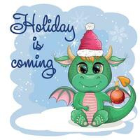 Cute cartoon green dragon in santa hat. 2024 new year, chinese calendar vector