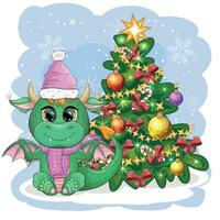 A cute cartoon green dragon in a Santa hat holds a red gift and sits next to the Christmas tree. 2024 new year vector