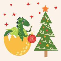 Christmas card with cute green dragon. Year of the Dragon 2024, China vector