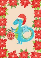 Christmas card with cute green dragon. Year of the Dragon 2024, China vector