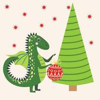 Christmas card with cute green dragon. Year of the Dragon 2024, China vector