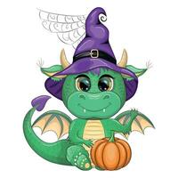 Cute cartoon green dragon in a purple magic hat, Halloween. Symbol of 2024 according to the Chinese calendar vector