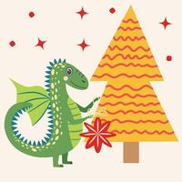 Christmas card with cute green dragon. Year of the Dragon 2024, China vector