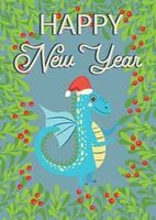 Christmas card with cute green dragon. Year of the Dragon 2024, China vector