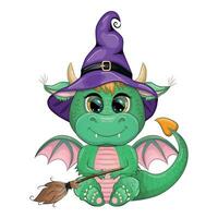 linda dibujos animados verde continuar en un púrpura magia sombrero, Víspera de Todos los Santos. calabaza, poción, escoba. símbolo de 2024 según a el chino calendario vector