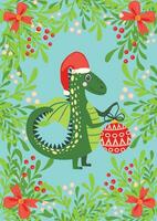 Christmas card with cute green dragon. Year of the Dragon 2024, China vector