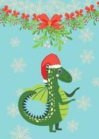 Christmas card with cute green dragon. Year of the Dragon 2024, China vector