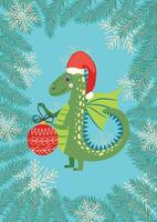 Christmas card with cute green dragon. Year of the Dragon 2024, China vector