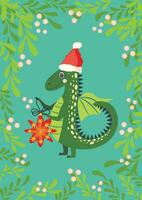 Christmas card with cute green dragon. Year of the Dragon 2024, China vector