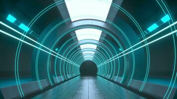 donker ronde tunnel met gloeiend neon lichten, 3d weergave. video