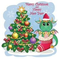 A cute cartoon green dragon in a Santa hat sits next to the Christmas tree. 2024 new year vector