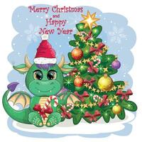 A cute cartoon green dragon in a Santa hat holds a candy cane and sits next to the Christmas tree. 2024 new year vector