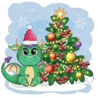 A cute cartoon green dragon in a Santa hat holds a red gift and sits next to the Christmas tree. 2024 new year vector