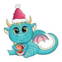 Cute cartoon green dragon in santa hat. 2024 new year, chinese calendar vector