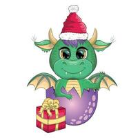 Cute cartoon green dragon in santa hat. 2024 new year, chinese calendar vector