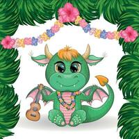 Cute cartoon green baby dragon with ukulele on the beach. Symbol of 2024 according to the Chinese calendar vector