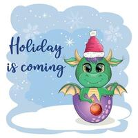 Cute cartoon green dragon in santa hat. 2024 new year, chinese calendar vector