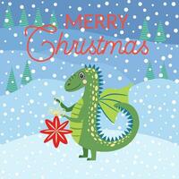 Christmas card with cute green dragon. Year of the Dragon 2024, China vector