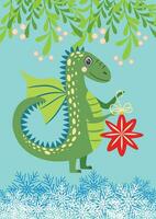 Christmas card with cute green dragon. Year of the Dragon 2024, China vector