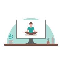 Yoga online. Young man in lotus position. Vector illustration in flat style.