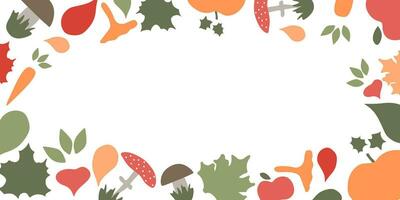 Autumn Flat horizontal Banner with mushrooms, harvest and Fall. Vector illustration with Copy space, Seasonal border with Pupmkin, Leaves, Carrot. Design element for Poster, Frame, Card.