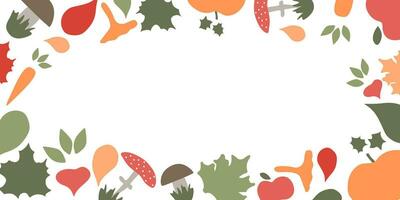 Autumn Flat horizontal Banner with mushrooms, harvest and Fall. Vector illustration with Copy space, Seasonal border with Pupmkin, Leaves, Carrot. Design element for Poster, Frame, Card.