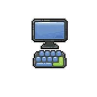 monitor with keyboard in pixel art style vector