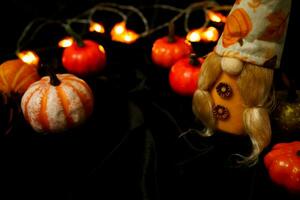 Halloween decorations background. Halloween Scary pumpkin head on wooden table Halloween holiday concept photo