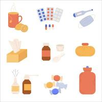 Flu element set with Treatments to avoid illness vector