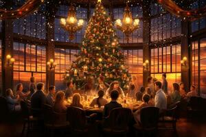 Group of people having dinner in a restaurant with Christmas tree in the background, family gathered for Christmas dinner. Clad in traditional attire, AI Generated photo