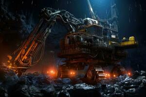 Heavy excavator in the mine at night. 3D rendering. massive deep sea mining operation, robotic arm drags the seabed with a robotic harpoon, AI Generated photo