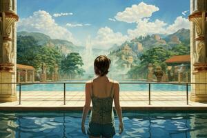 Girl standing at the edge of a swimming pool looking at the beautiful landscape, A tourist woman rear view in a swimming pool enjoys the elevated view, AI Generated photo
