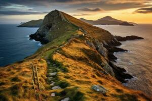 maravilloso puesta de sol paisaje imagen de valle arbolado península, condado kerry, Irlanda, valentina isla en el anillo de Kerry en el sur Oeste costa de Irlanda durante un otoño atardecer, ai generado foto