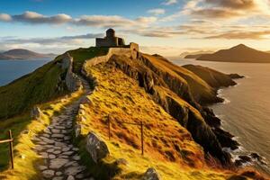 puesta de sol a S t. patrick's roca, condado kerry, Irlanda, valentina isla en el anillo de Kerry en el sur Oeste costa de Irlanda durante un otoño atardecer, ai generado foto