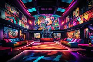 Futuristic gaming room with colorful neon lights, 3d rendering, serene night club, featuring a plush ballroom filled with patrons dancing to the music, AI Generated photo