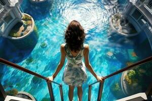 Woman looking at the swimming pool from the top of the stairs. A tourist woman rear view in a swimming pool enjoys the elevated view, AI Generated photo
