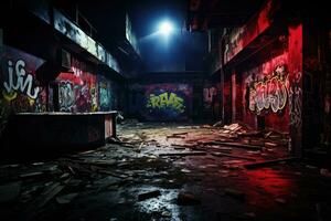 Interior of an old abandoned industrial building with graffiti on the walls, A vivid haunting image of an abandoned nightclub. Dark, graffiti-covered walls frame the dimly lit space, AI Generated photo