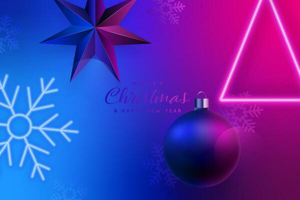Modern Christmas banner in night club. Neon snowflake and christmas tree.