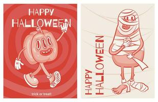 A set of postcards in retro style a greeting pumpkin, mummy monster. Halloween cards. Red and white, cartoon style, groovy style. Retro style. Vector illustration