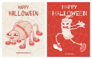 A set of postcards in retro style a running candle and a spider with a spider web. Halloween cards. Red and white, cartoon style, groovy style. Retro style. Vector illustration