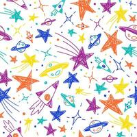 Cute Confetti Star Galaxy Space Night Sky Meteor Shooting Star Planet Saturn Rocket. Sprinkle Sparkle Shine. Doodle Scribble Sketch Brush Pen Ink. Abstract Color Seamless Pattern White Background. vector